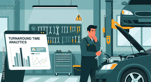 Mechanic Analyzing Car Repair Turnaround Time Data.