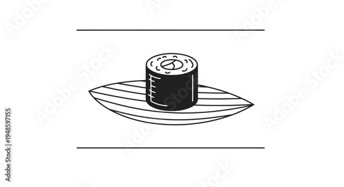 Minimalist illustration of a single sushi roll on a leaf-shaped plate