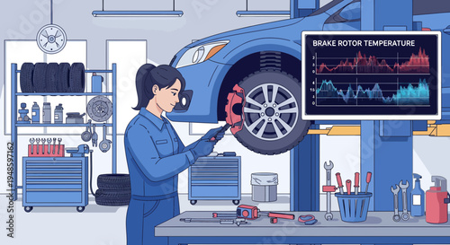 Mechanic Inspecting Car Brakes with Temperature Data Displayed.