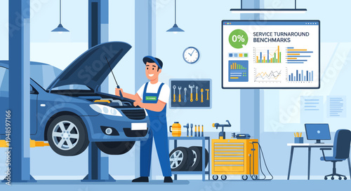 Mechanic Inspecting Car Engine in Modern Auto Repair Shop.