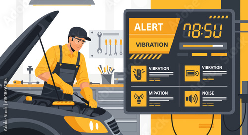 Mechanic Inspecting Car Engine with Digital Diagnostic Screen.