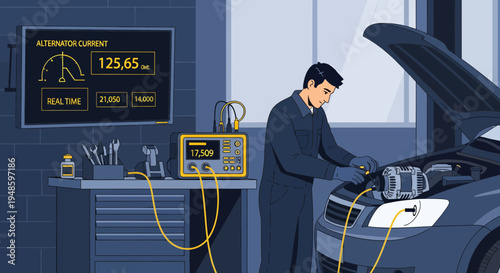 Mechanic Inspecting Car Engine with Diagnostic Equipment.