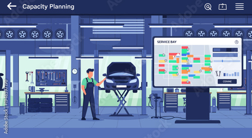 Mechanic Inspecting Car on Lift with Planning Board.
