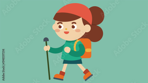 A cartoon girl with brown pigtails and a red bandana hiking with an orange backpack and a green walking stick on a teal background.