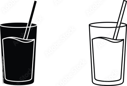 Glass of Water with Straw Icon Set Vector