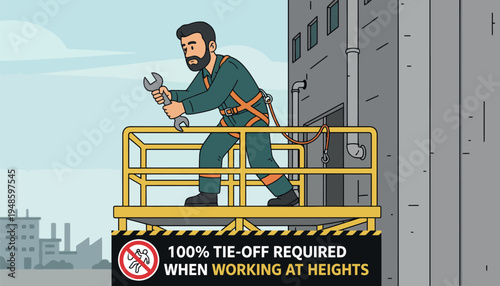 Man working at heights with safety harness and wrench
