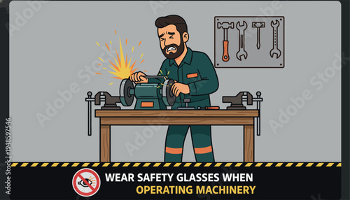 Man working on machinery in workshop with safety warning
