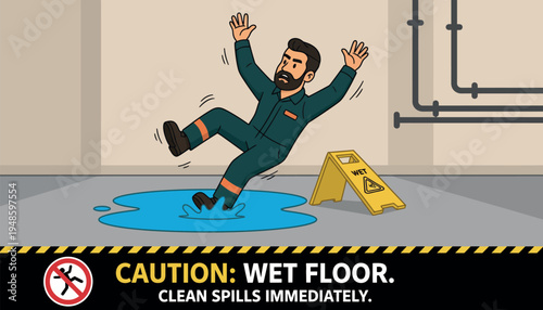 Man slipping on wet floor with caution sign