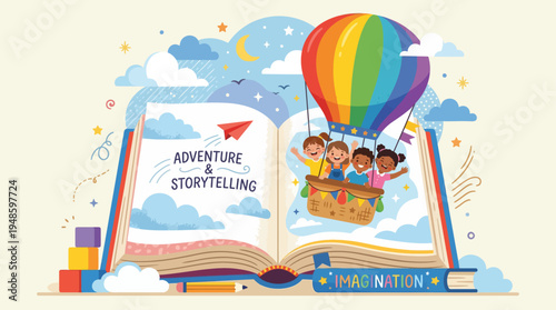 Kids Imagination Storybook with Colorful Hot Air Balloon Vector Illustration