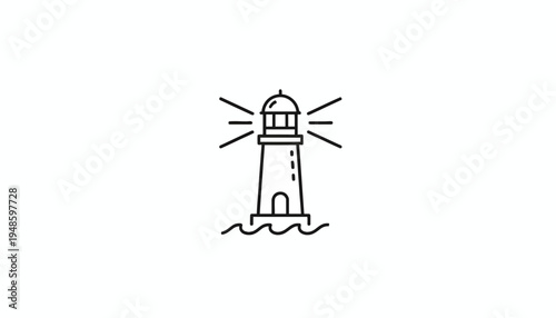 Lighthouse icon, beacon guiding ships, maritime navigation symbol, sea waves, vector illustration