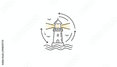 Lighthouse guiding ships at sea with circular arrows, symbolizing guidance and navigation