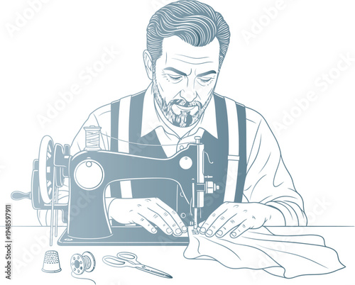 Traditional tailor concentrating on hand sewing with antique sewing machine vintage fabric