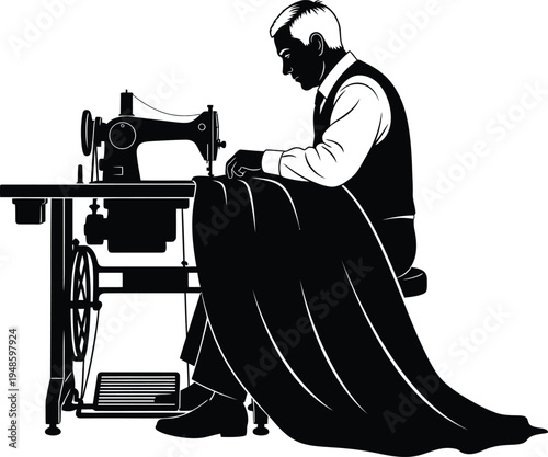 Traditional tailor seated at an antique sewing machine crafting garments vintage embroidery