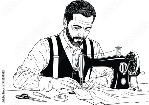 Antique hand- crank sewing machine craftsman operating classic tailoring setup