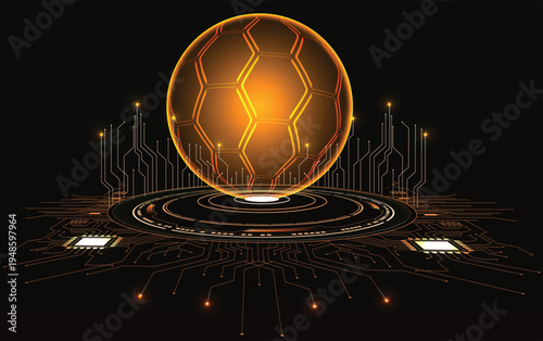 A soccer ball glows with rhythmic, pulsating lights, perched atop a circuit board whose edges are framed by electrical patterns. Neon pulses in shades of orange. Innovation sports technology. Football
