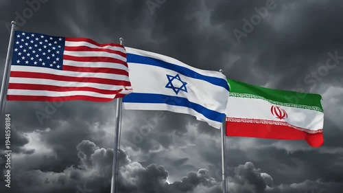 United States Israel and Iran flags waving together creating complex geopolitical tension imagery