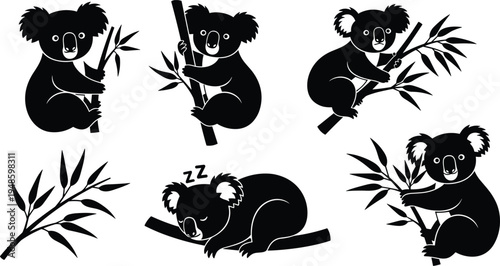 Cute Koala Silhouette Vector Set Climbing Eucalyptus Tree and Sleeping on Branch, Australian Wildlife Animal Illustrations for Minimalist Design and Vinyl Cutting