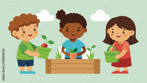 Three diverse children hold potted plants near a wooden planter box.