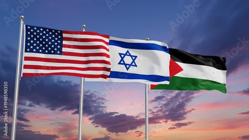 Three national flags of the USA, Israel, and Palestine waving together under a dramatic sky.