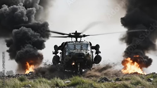 Military helicopter landing aggressively amidst intense fire and black smoke clouds