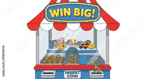 Claw Machine Game Stall with "Win Big!" Sign, Filled with Toys and Prizes