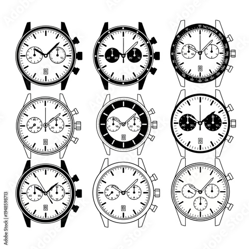 Collection of Chronograph Wristwatches, Vintage and Modern Designs, Black and White Vector Art