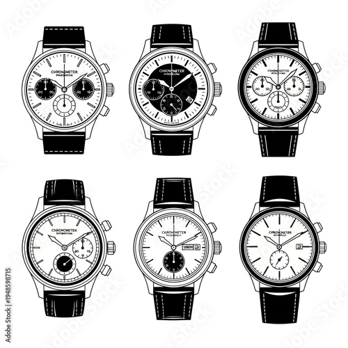 Collection of Six Classic Wristwatch Designs with Black Leather Straps