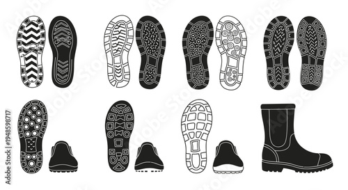 Collection of Shoe Soles and Boot, Footwear Tread Patterns, Outdoor Gear