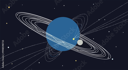 Cosmic Dance: Blue Planet with Rings, Moon, and Starry Expanse