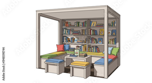 Cozy Outdoor Reading Nook with Bookshelves and Cushioned Seating