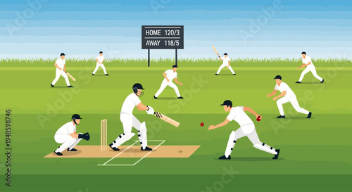 Cricket Match Action: Batsman Hits Ball, Bowler Pitches, Fielders Ready on Green Field