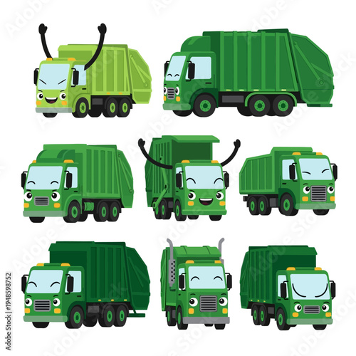 Cute Green Garbage Trucks Collection, Cartoon Style, Various Poses