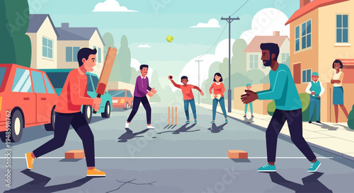 Diverse friends playing street cricket, neighborhood fun, summer day, active lifestyle