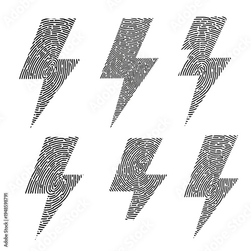 Fingerprint Lightning Bolt Icons Set, Electric Energy Symbol, Identity Concept
