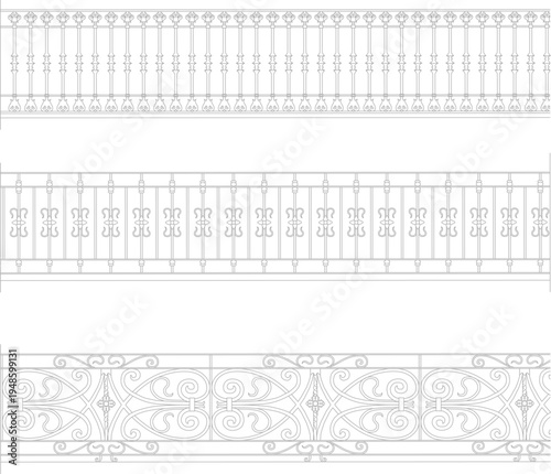 Technical architectural detail drawings showing three decorative railing designs with ornamental balusters, fleur-de-lis finials, X-patterns and elaborate scrollwork motifs.