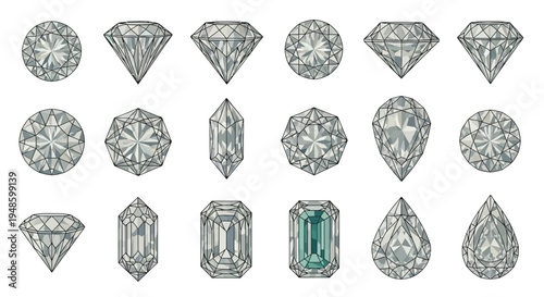 Collection of Various Diamond Gemstone Cuts and Shapes.