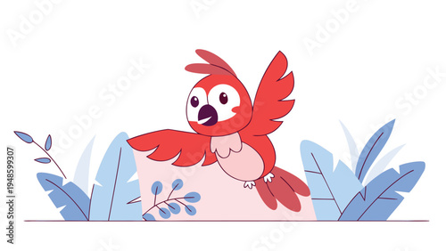 A red cartoon parrot flies over pink and blue tropical plant leaves.