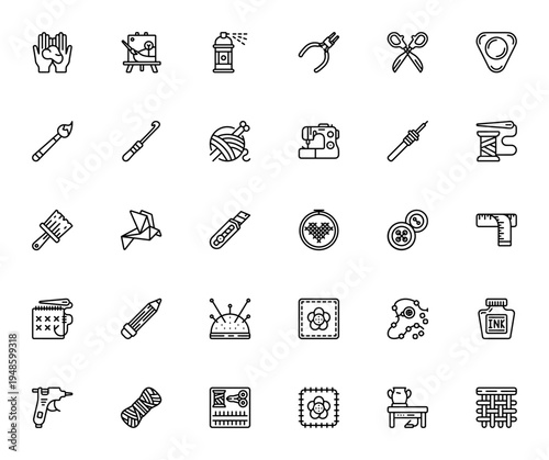 Arts and Crafts icon set. Vector illustration pack featuring clay crafting, painting, sewing, embroidery, yarn, scissors, brush and more tools. Editable stroke.