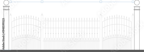 Technical architectural elevation showing decorative fence and gate system with ornamental pillars topped with spheres, arched metal panels and vertical bar sections.