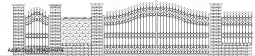 Technical architectural elevation showing an ornate boundary wall system featuring brick pillars, a pedestrian gate, a scalloped brick section and a large double driveway gate with intricate metal scr