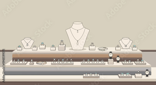 Elegant Jewelry Display Showcase Featuring Necklaces and Rings.