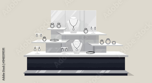 Elegant Jewelry Display Showcase Featuring Necklaces Rings Earrings.