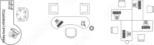 Technical architectural furniture blocks showing interior layouts with reception desk, lounge seating with sofa and armchairs, and partitioned office workstations in 2D line drawing.