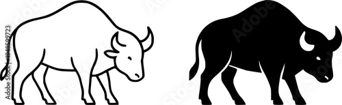 Buffalo illustration icon, outline and silhouette, for animal or wildlife design