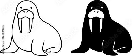 Walrus illustration icon, outline and silhouette, for animal or wildlife design