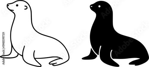 Sea lion illustration icon, outline and silhouette, for animal or marine life design