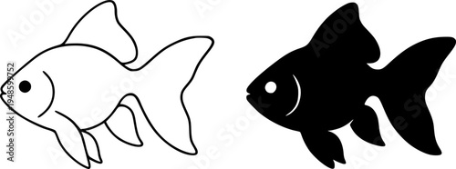 Goldfish illustration icon, outline and silhouette, for animal or marine life design