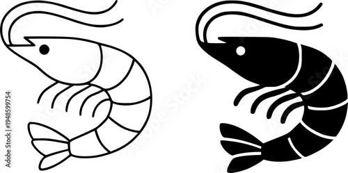 Shrimp illustration icon, outline and silhouette, for animal or marine life design