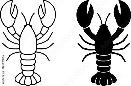 Lobster illustration icon, outline and silhouette, for animal or marine life design