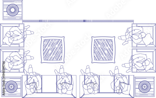 Technical architectural plan view showing interior space layout with human figures in various reclining positions, central furniture elements and corner ventilation units.